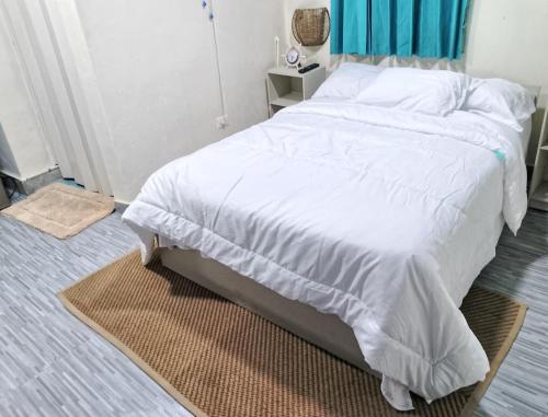 ボカ・チカにあるHabitacion cerca de la Playaのベッドルーム(青いカーテン付きの白いベッド1台付)