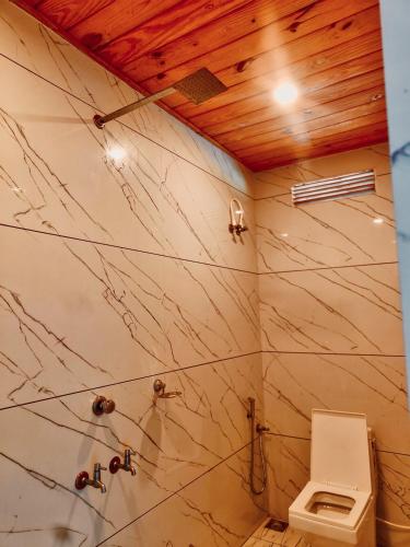 a bathroom with a marble wall with a toilet at Louis Backpackers Hostel in Cochin