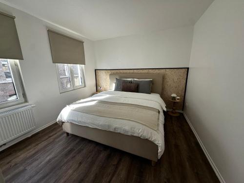 a bedroom with a large bed and two windows at Lovely 1BR & 1LR Apt for 4P, Only 15 Min Walk to City Center in Ghent