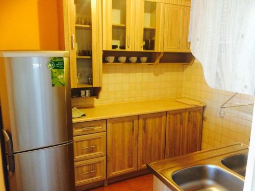 Śpiew Mew في أوستكا: مطبخ مع دواليب خشبية وثلاجة حديد قابلة للصدأ