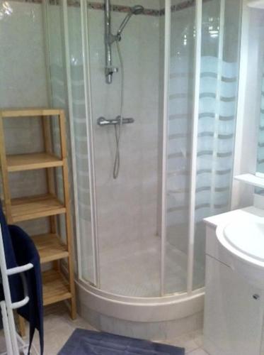 une douche avec une porte vitrée dans une salle de bain dans l'établissement La Paloma, à Aigues-Mortes