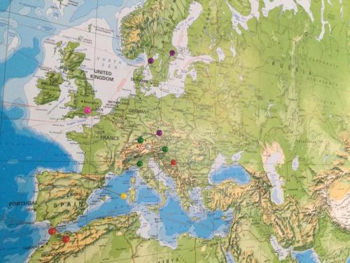 a map of europe with red dots on it at OUCHI HOTEL Yokogawa in Hiroshima