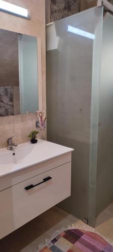 a bathroom with a white sink and a mirror at Myhouse in Ariana