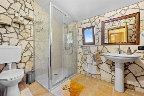 Un baño con ducha, inodoro y lavabo. en Villa Franz Krbune, en Potpićan