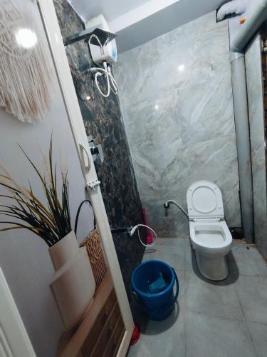 a small bathroom with a toilet and a plant at Mysore City Vibe By A1k in Mysore