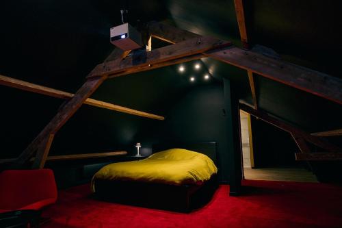 a room with a bed in a dark room at cinéma immersif et chambres à thème dans le centre in Saint-Omer