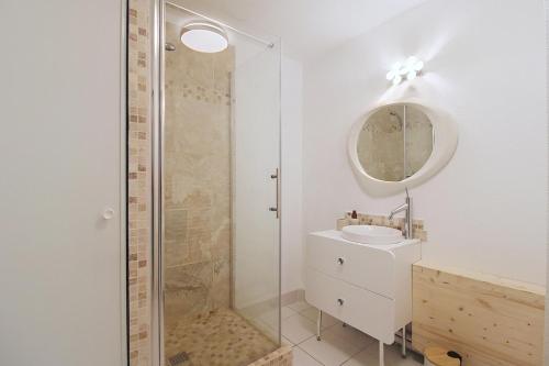 a bathroom with a shower and a sink and a mirror at Le Nid du Pradon in Cavaillon