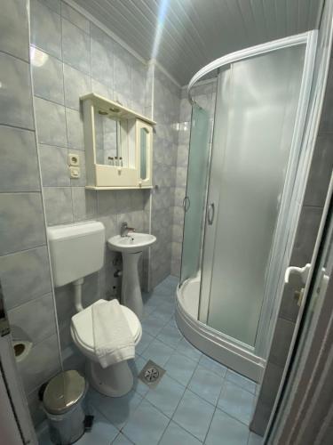 a bathroom with a shower and a toilet and a sink at Hotel Montenegro in Struga