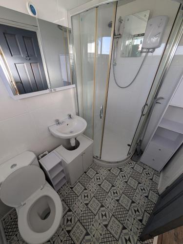 a bathroom with a shower and a toilet and a sink at 88, Two bed Chalet on Belle Aire Holiday Park - sleeps 5, pet friendly, bed linen and towels included plus onsite entertainment available in Great Yarmouth