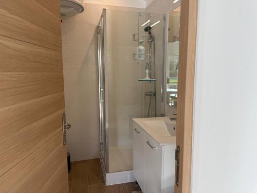 a bathroom with a shower and a sink at Studio lumineux avec terrasse et jardin proche de Caen 