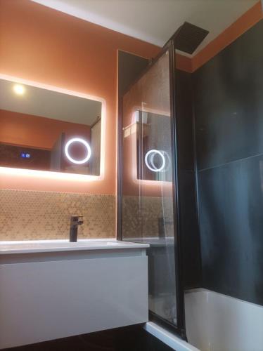 une salle de bains avec un lavabo et un miroir dans l'établissement L'émeraude, 