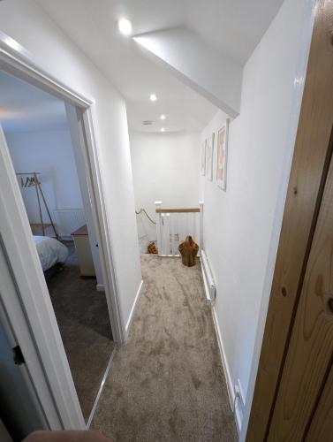 a hallway with a cat sitting in the middle of a room at Primrose cottage - Upper cwmbran in Pontnewydd