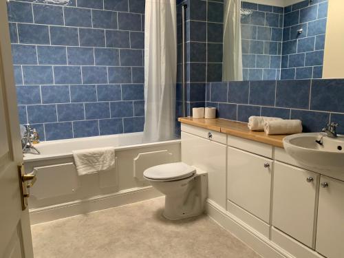 ウィンザーにある31b St Leonards Road - 2 bed with balconyの青いタイル張りのバスルーム(トイレ、シンク付)