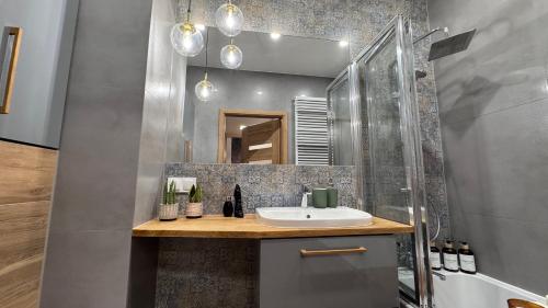 a bathroom with a sink and a shower at Apartament Trevo in Gdańsk