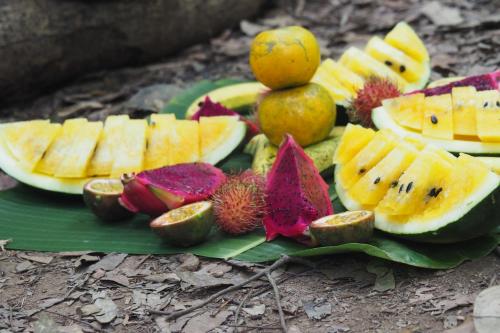 a bunch of fruit on a green plate on the ground at Mawas Guest House Only Book Trekking With Us in Bukit Lawang