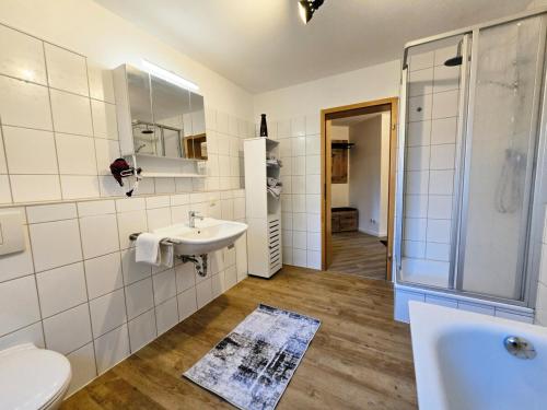 a bathroom with a sink and a shower and a toilet at Moritz Apartments - Am Rieseninger Berg 1 in Görmar