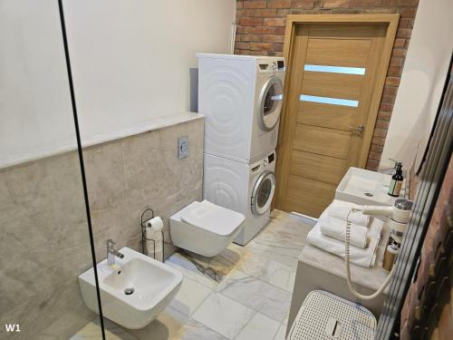 een badkamer met een wasmachine en een wastafel bij Apartament Pałac Tryllingów in Białystok