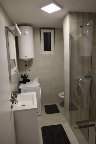 a bathroom with a toilet and a sink and a shower at Zmaj LUX in Mladenovac