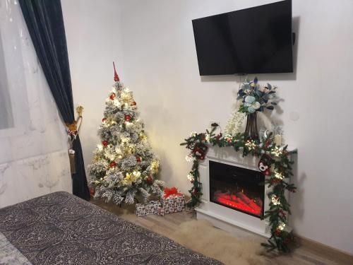 a living room with a christmas tree and a fireplace at LUNA RESIDENCE TERRACE Sinaia in Sinaia
