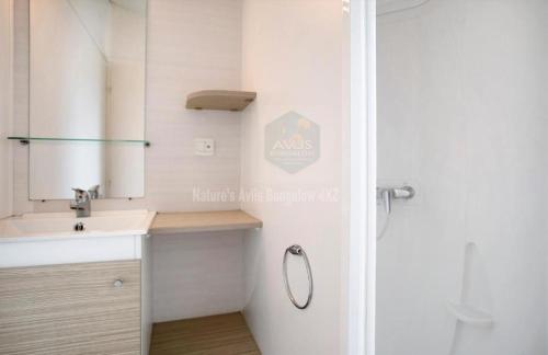 une salle de bain avec un lavabo et un miroir dans l'établissement Casa Nature's Avlis Bungalow 4XZ, à Pataias