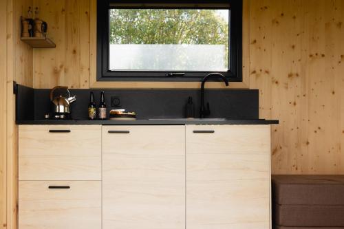GresseyにあるParcel Tiny House Brunel - 50 minutes de Parisのシンクと窓のあるキッチン
