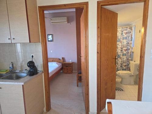 a kitchen with a sink and a bathroom with a toilet at Elea rooms 7 in Elia Laconias