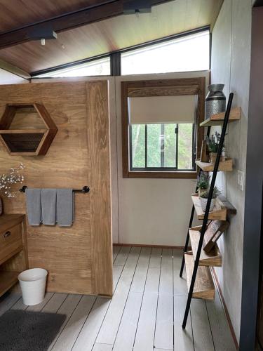 a bathroom with a wooden door and a window at Premium Lakefront Cabin 1 The Armadillo in Bastrop