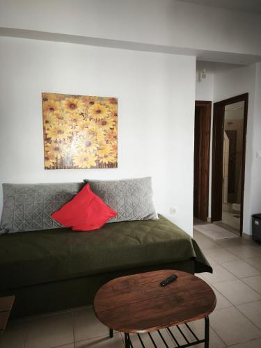a bedroom with a green bed with a red pillow at Vicky's House Lipsi in Lipsoi