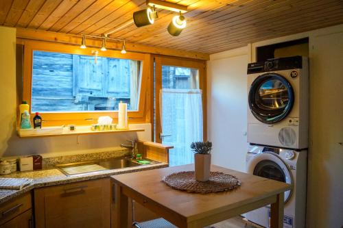 a kitchen with a sink and a washing machine at Charmant Appartement Alpin in Oberems