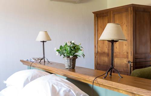 a table with two lamps and a plant on it at Relais Regina Giovanna in Sorrento