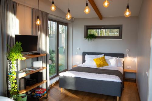 a bedroom with a bed and a tv and a window at Brīvdienu māja Empagi in Lādezers