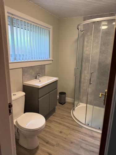 a bathroom with a toilet and a sink and a shower at Lesmar Highland Retreat in Fort William