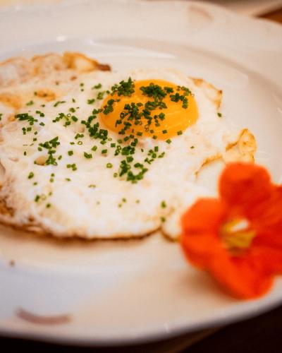 jajko sadzone na białym talerzu z kwiatkiem w obiekcie Aparthotel Pfeffermühle w mieście Ramsau am Dachstein
