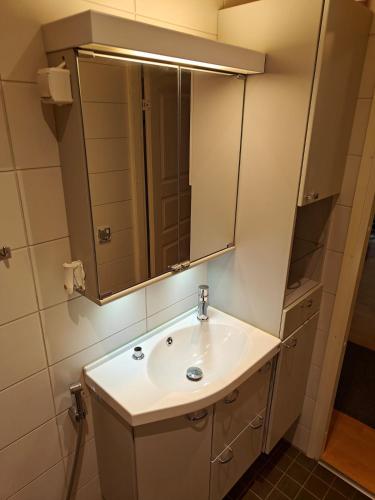 a bathroom with a sink and a mirror at Kottaraispari in Imatra