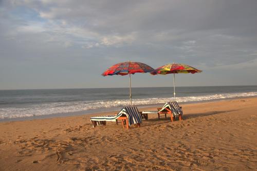 two beach chairs and umbrellas on the beach at Lotus an Eco Resort Konark in Konārka