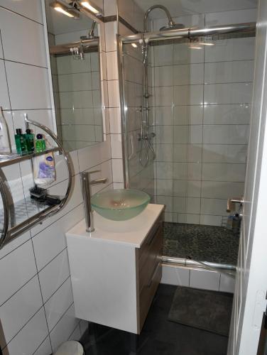 une salle de bain avec un lavabo et une douche dans l'établissement Maison Authier, à Périgueux