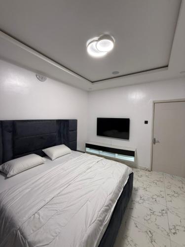 Un dormitorio con una cama grande y un televisor de pantalla plana. en MOTF Apartments, en Okunola