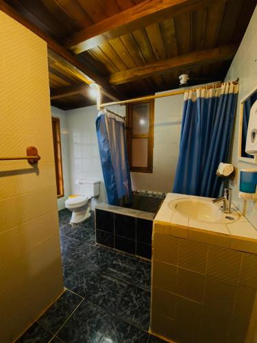 a bathroom with a toilet and a sink and a shower at Hostal Vista Verde in Mindo
