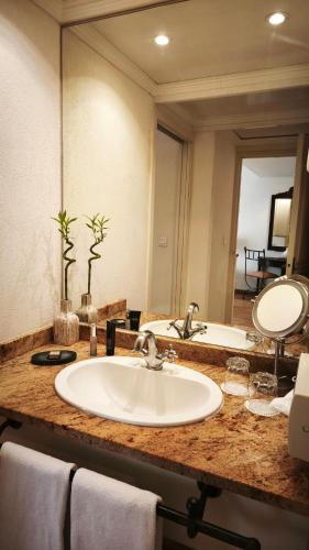 a bathroom counter with a sink and a mirror at STRAVINSKY Apartments Avignon - Get our Last best deals ! in Avignon