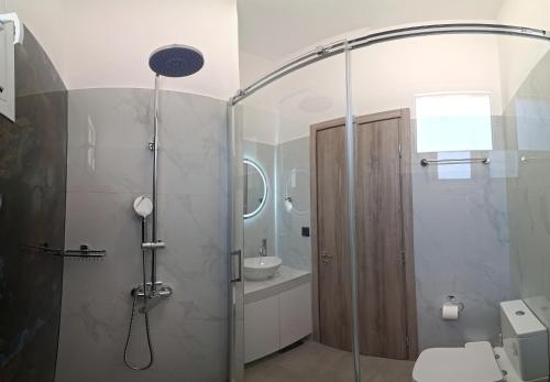 a bathroom with a shower with a toilet and a sink at Authentic appartement in Aíyira