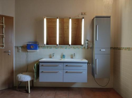a bathroom with a sink and a refrigerator at Casa Luna in Herdwangen-Schönach