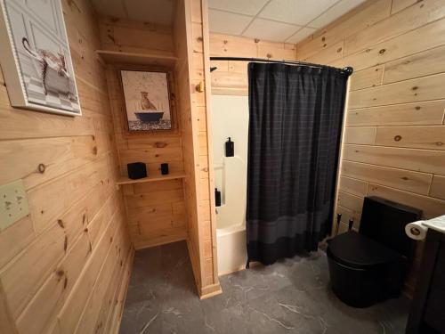a bathroom with a shower curtain in a cabin at The Summit on Sunrise - Blue Ridge in Blue Ridge