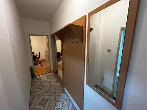 a hallway leading to a room with a mirror at Mance apartments 2 in Paraćin