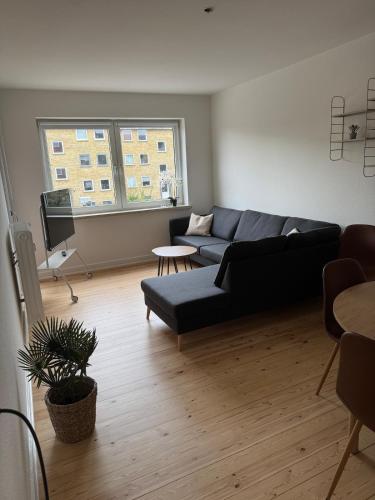 a living room with a black couch and a tv at Flot 3 værelses lejlighed - op til 6 personer in Randers
