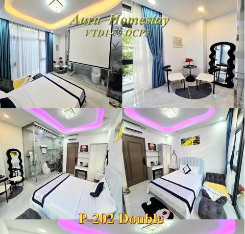 a collage of three pictures of a hotel room at Aura Homestay in Cửu Cảo