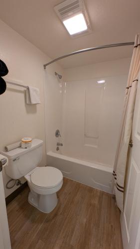a white bathroom with a toilet and a shower at Himont Motel in Fall River Mills