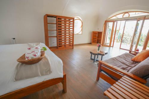 Cette chambre comprend 2 lits et une table avec un bol. dans l'établissement Vibra Wellness Hotel y Spa, à Teniente Hugo Ortiz