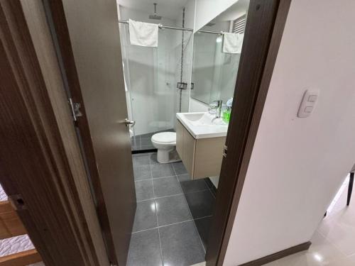 a bathroom with a shower and a toilet and a sink at Fundadores Apartment with balcony, pool, gym in Armenia