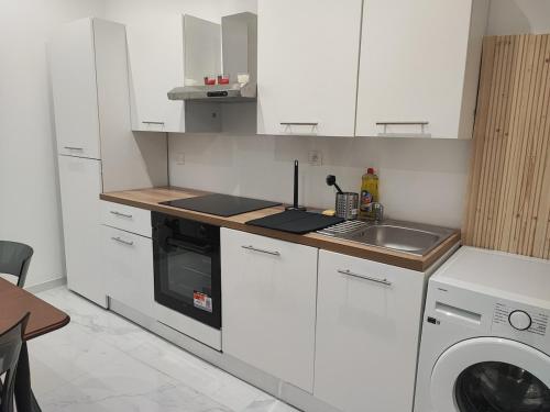 a white kitchen with a sink and a dishwasher at A Cozy Loft for You in Conflans-Sainte-Honorine