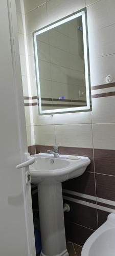 a bathroom with a sink and a mirror and a toilet at Cozy Apartment, Free Parking near Dajti Cable Car, Bunk'Art in Tirana